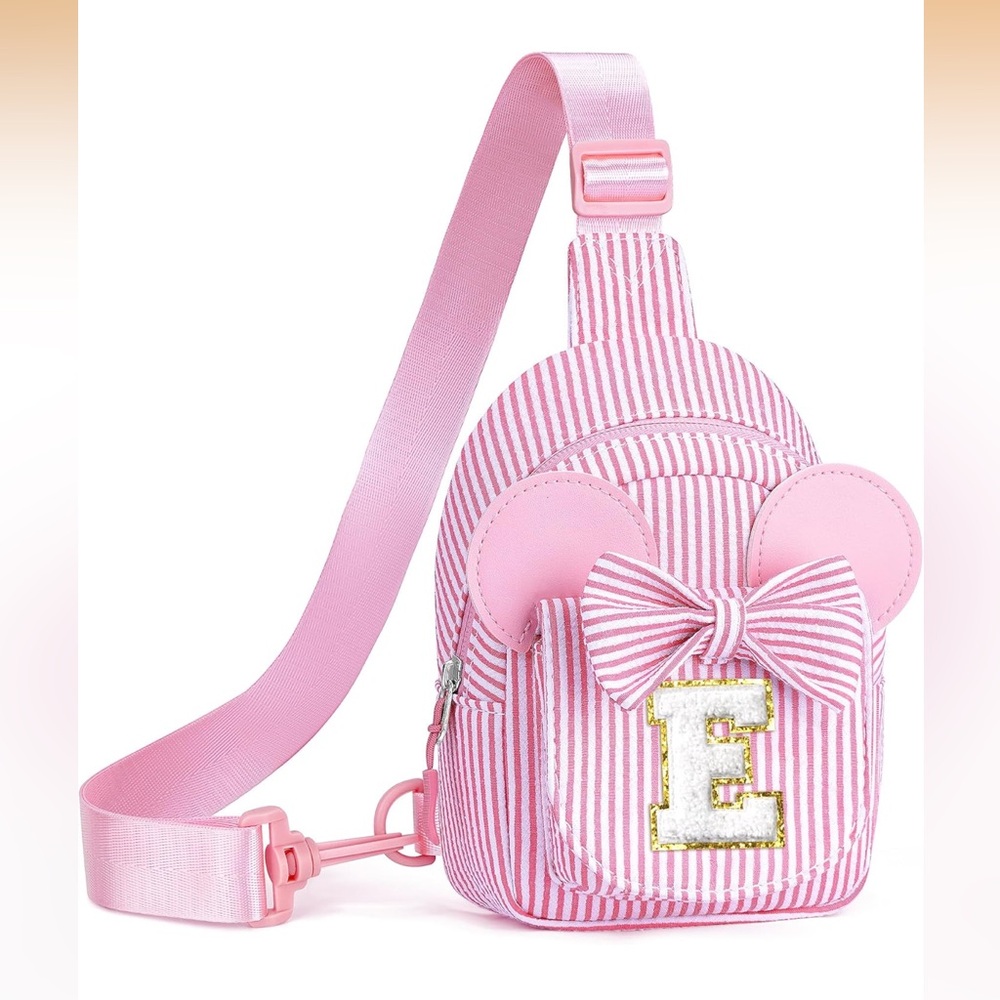 Pink Initial ‘E’ Striped Reversible Crossbody Sling Bags Backpack Girls Bow Bag